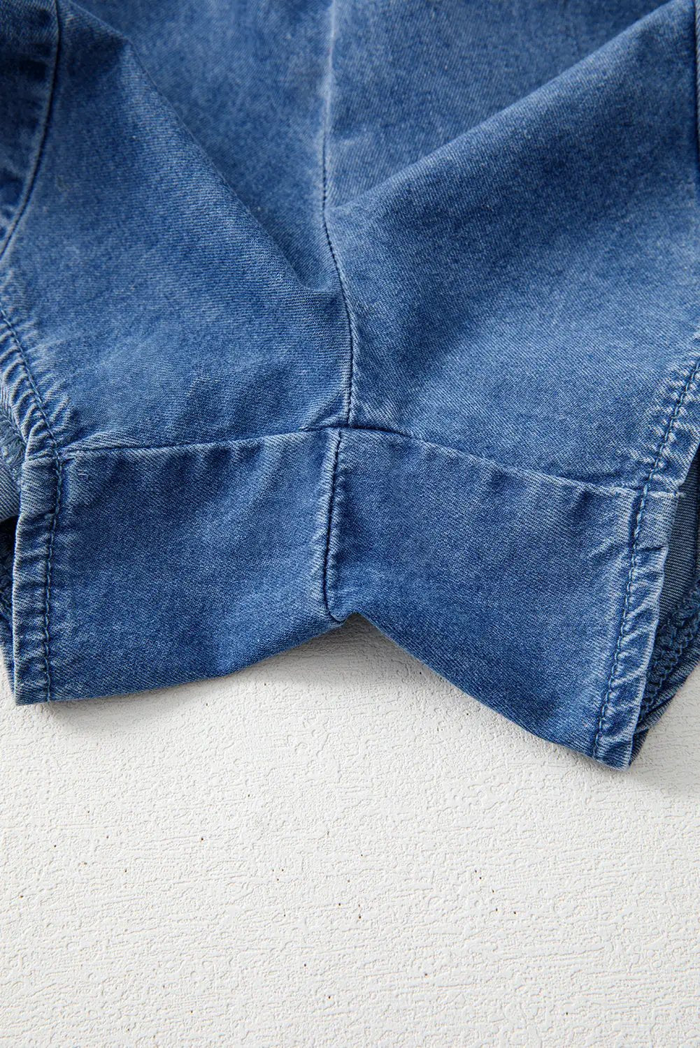 Grateful Threads Boutique Chambray Spaghetti Strap V-Neck Belted Ruffled Leg Romper - One-Pieces denim spaghetti strap romper
