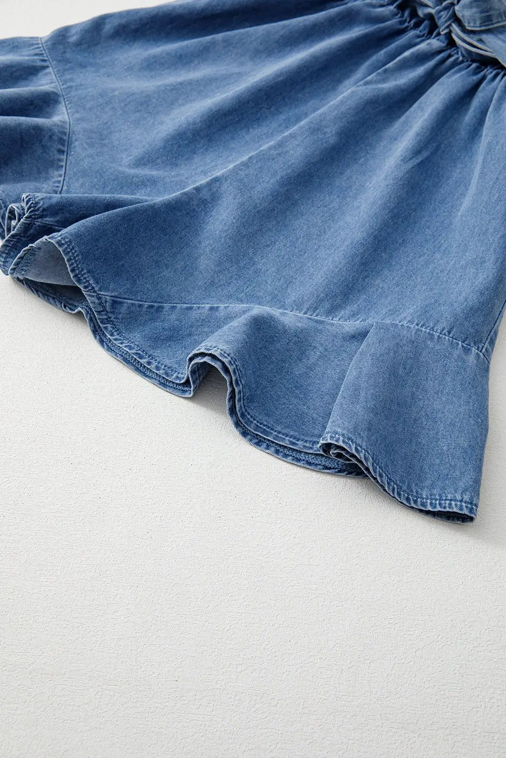 Grateful Threads Boutique Chambray Spaghetti Strap V-Neck Belted Ruffled Leg Romper - One-Pieces denim spaghetti strap romper