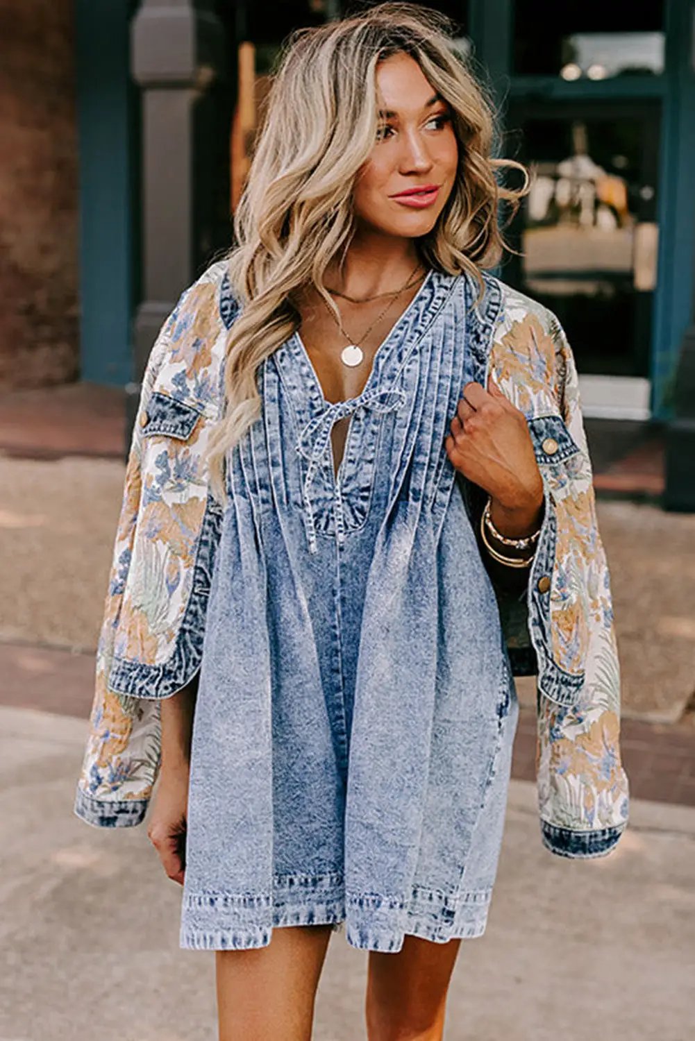 Grateful Threads Boutique Sky Blue Mineral Wash Pleated Bust V-Neck Sleeveless Denim Romper - One-Pieces Sky Blue Mineral Wash Pleated Bust V Neck Sleeveless Denim Romper