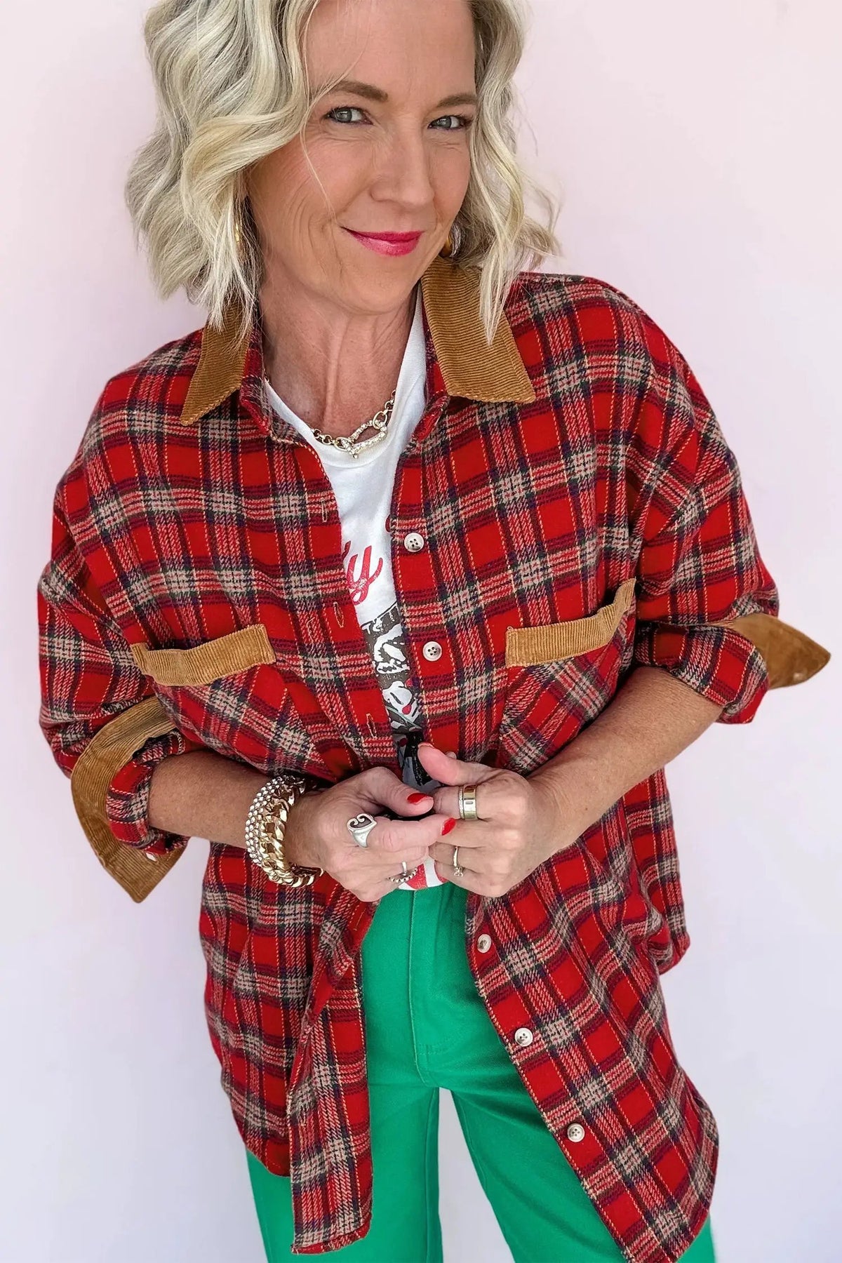 The Tori Plaid Shacket - Red — view 3