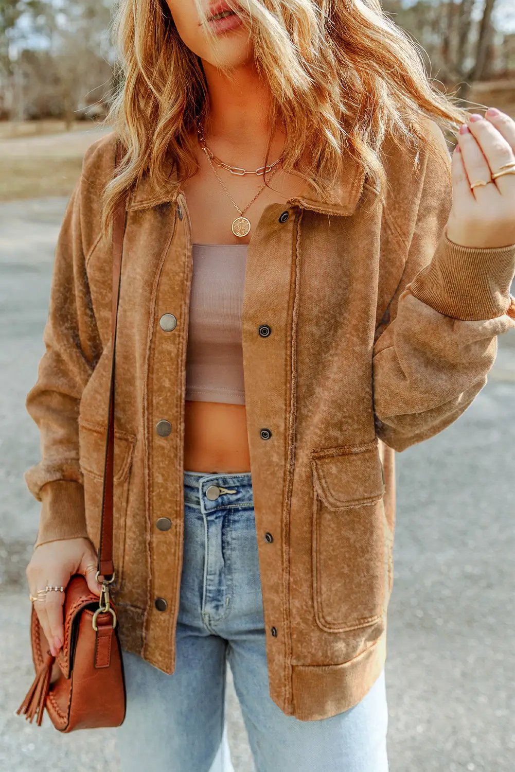Grateful Threads Boutique Khaki Vintage Washed Button Shacket with Flap Pockets - Coats & Jackets