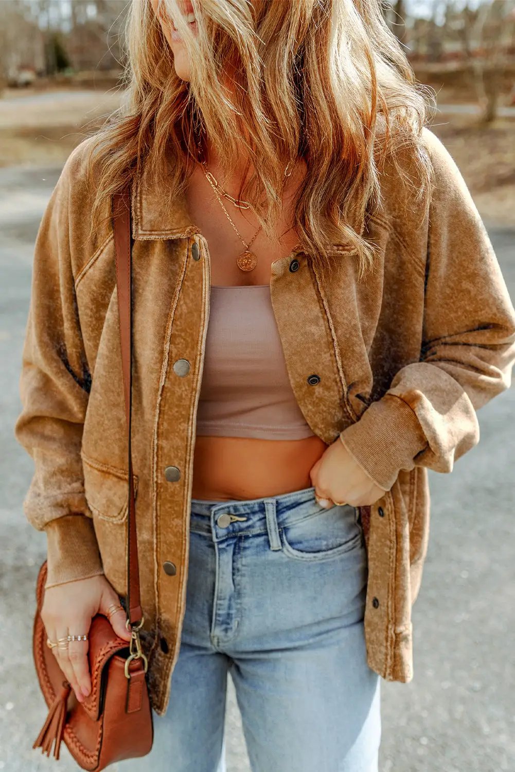 Grateful Threads Boutique Khaki Vintage Washed Button Shacket with Flap Pockets - Coats & Jackets