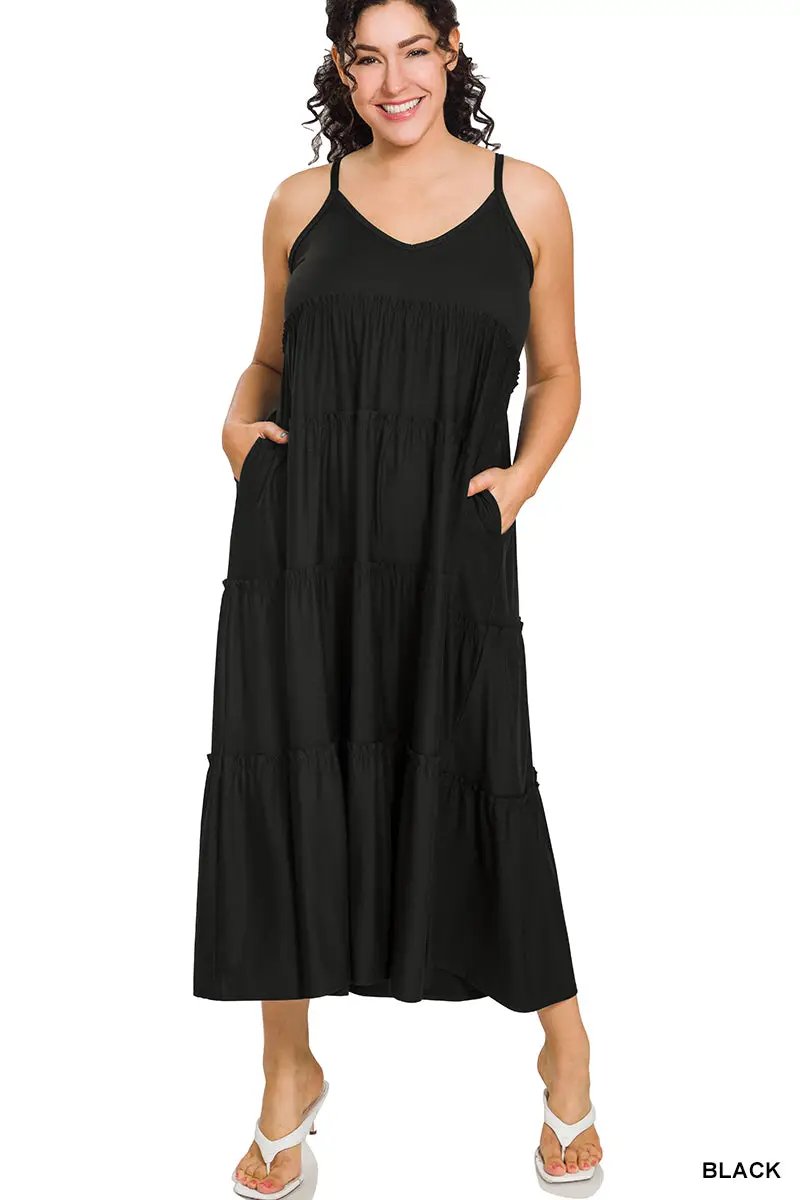 Zenana Zenana Plus V-Neck Cami Maxi Tiered Dress with Side Pockets - Dresses Zenana Plus V-Neck Cami Maxi Tiered Dress with Side Pockets