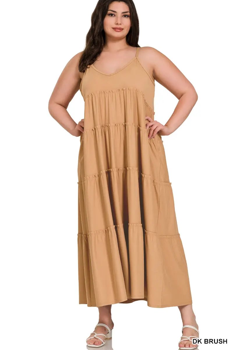 Zenana Zenana Plus V-Neck Cami Maxi Tiered Dress with Side Pockets - Dresses Zenana Plus V-Neck Cami Maxi Tiered Dress with Side Pockets