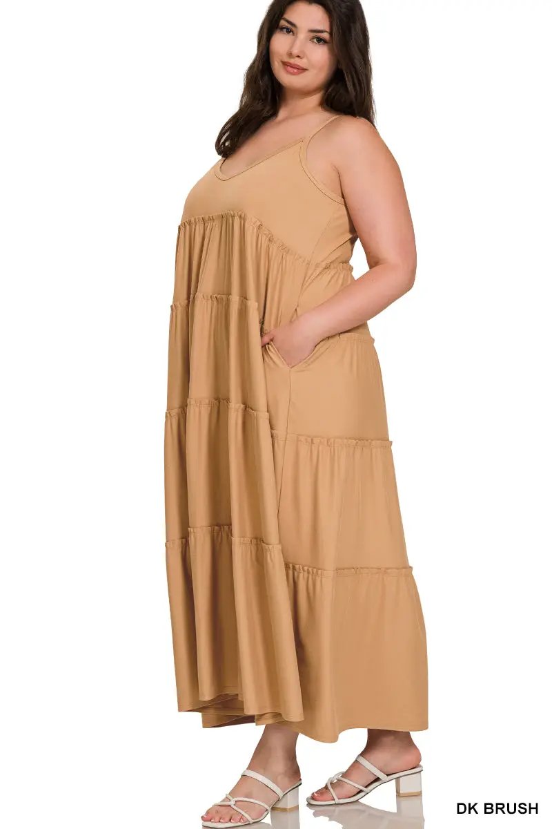 Zenana Zenana Plus V-Neck Cami Maxi Tiered Dress with Side Pockets - Dresses Zenana Plus V-Neck Cami Maxi Tiered Dress with Side Pockets