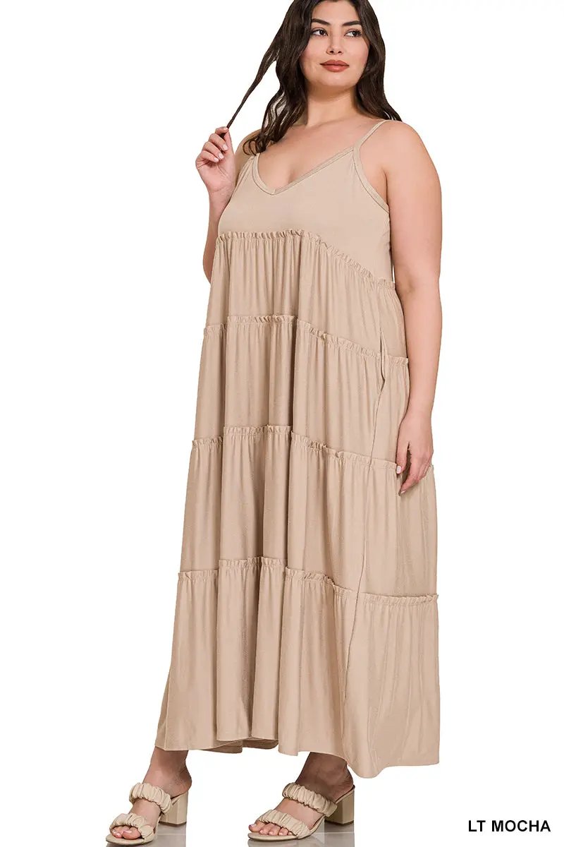Zenana Zenana Plus V-Neck Cami Maxi Tiered Dress with Side Pockets - Dresses Zenana Plus V-Neck Cami Maxi Tiered Dress with Side Pockets