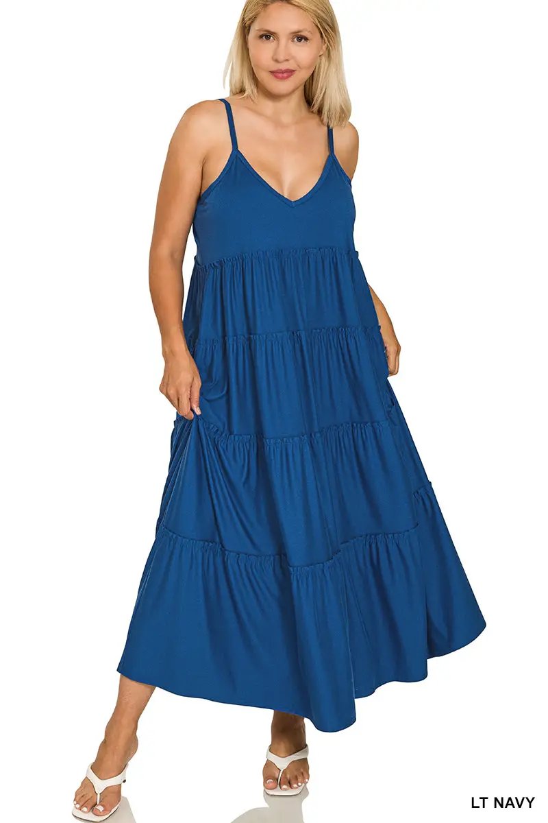 Zenana Zenana Plus V-Neck Cami Maxi Tiered Dress with Side Pockets - Dresses Zenana Plus V-Neck Cami Maxi Tiered Dress with Side Pockets