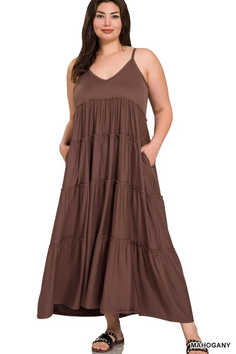 Zenana Zenana Plus V-Neck Cami Maxi Tiered Dress with Side Pockets - Dresses Zenana Plus V-Neck Cami Maxi Tiered Dress with Side Pockets