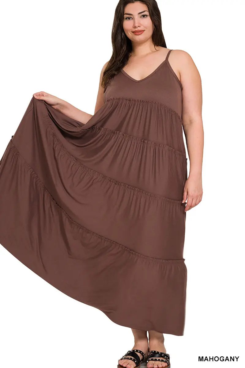 Zenana Zenana Plus V-Neck Cami Maxi Tiered Dress with Side Pockets - Dresses Zenana Plus V-Neck Cami Maxi Tiered Dress with Side Pockets