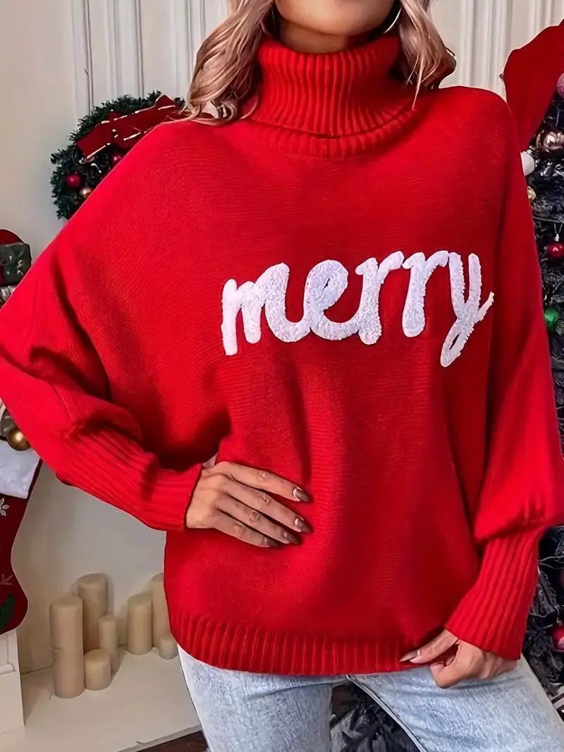 Grateful Threads Boutique Very Merry Plush Script Turtleneck Sweater - Sweaters