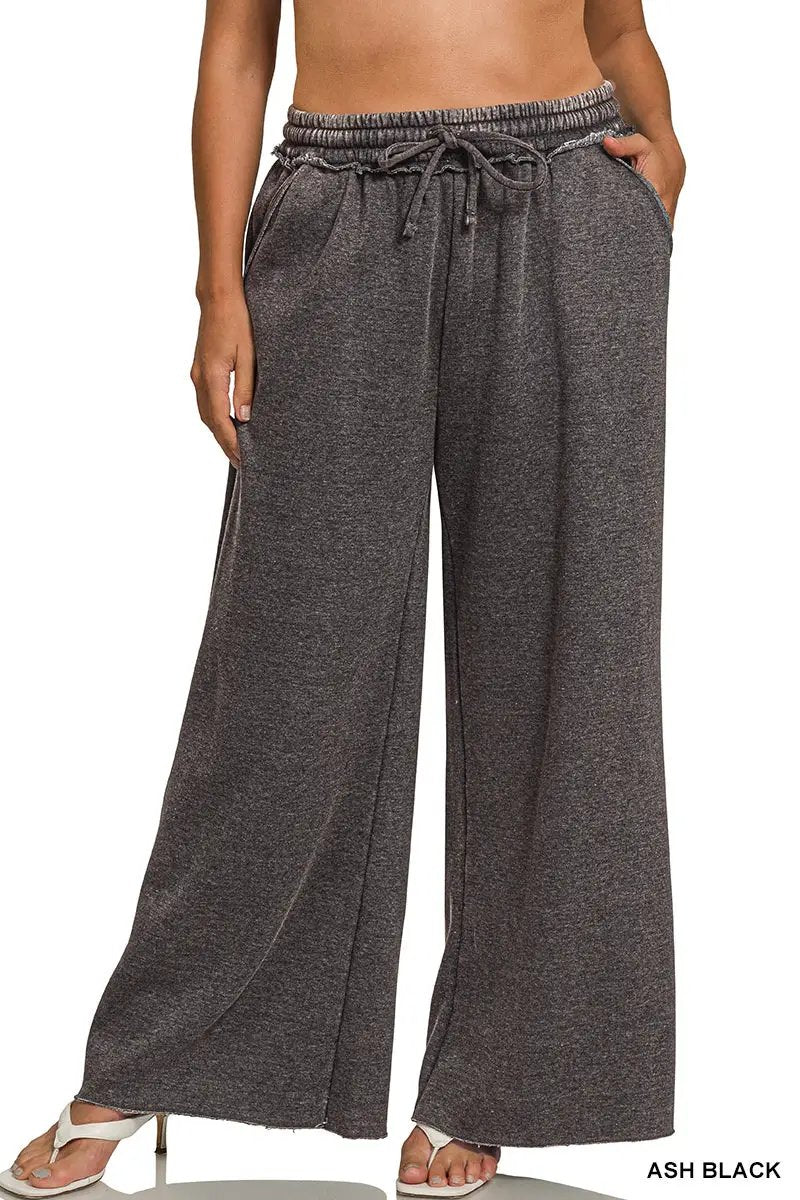 Zenana Zenana Plus Acid Wash Fleece Palazzo Sweatpants with Pockets - Sweatpants Zenana Plus Acid Wash Fleece Palazzo Sweatpants with Pockets