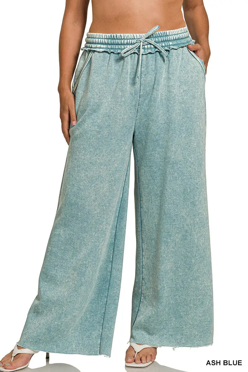 Zenana Zenana Plus Acid Wash Fleece Palazzo Sweatpants with Pockets - Sweatpants Zenana Plus Acid Wash Fleece Palazzo Sweatpants with Pockets