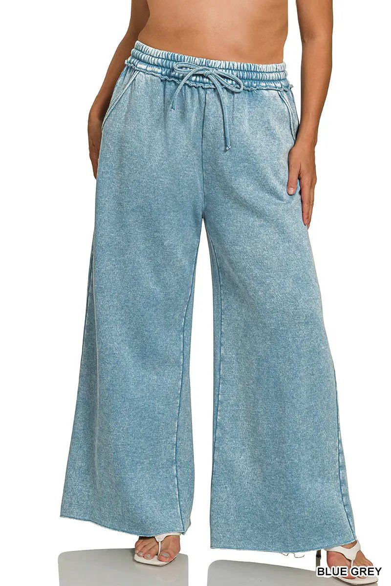 Zenana Zenana Plus Acid Wash Fleece Palazzo Sweatpants with Pockets - Sweatpants Zenana Plus Acid Wash Fleece Palazzo Sweatpants with Pockets