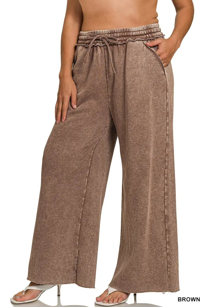 Zenana Zenana Plus Acid Wash Fleece Palazzo Sweatpants with Pockets - Sweatpants Zenana Plus Acid Wash Fleece Palazzo Sweatpants with Pockets