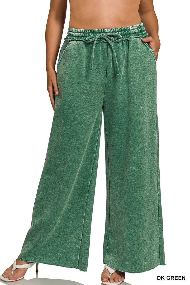Zenana Zenana Plus Acid Wash Fleece Palazzo Sweatpants with Pockets - Sweatpants Zenana Plus Acid Wash Fleece Palazzo Sweatpants with Pockets