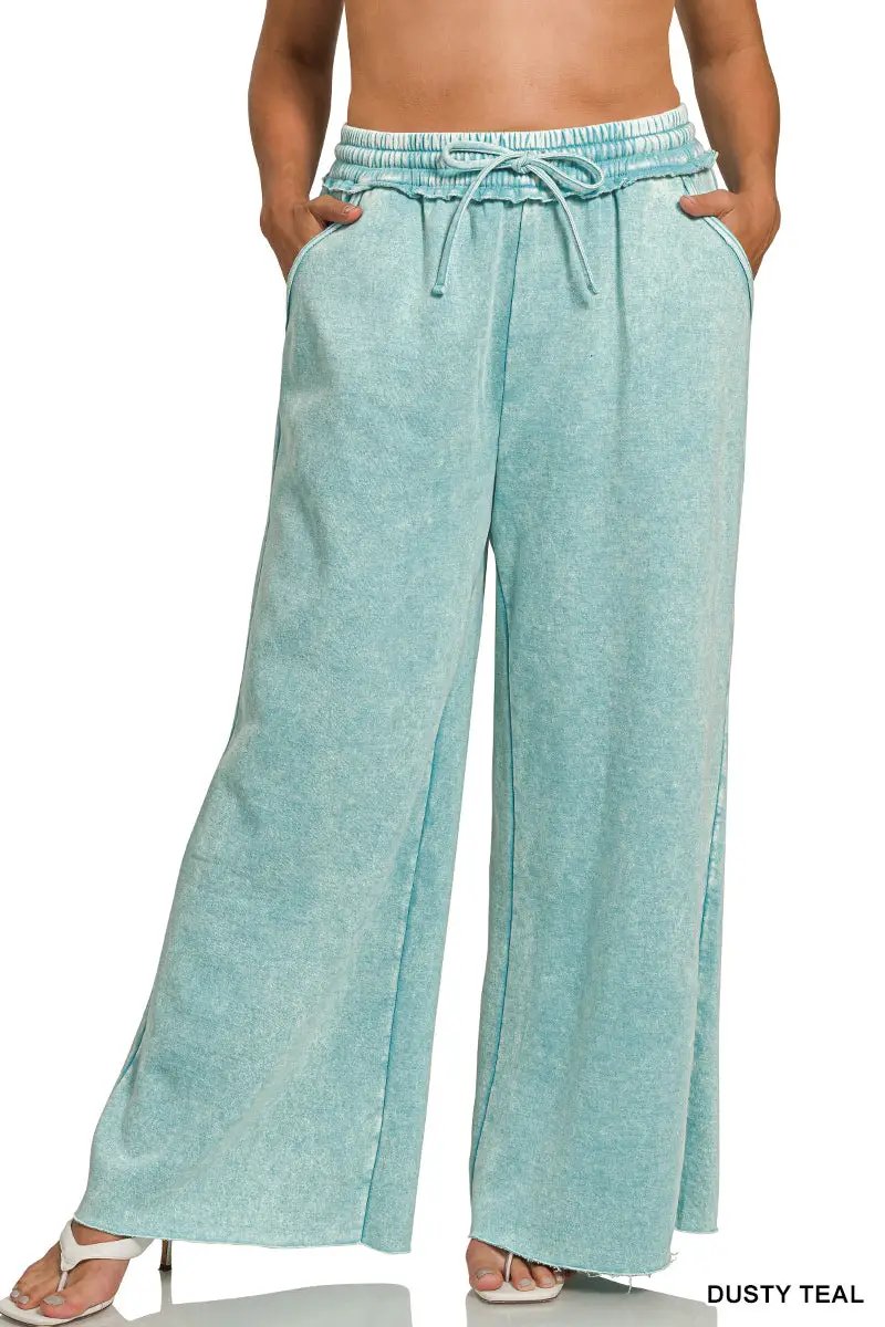 Zenana Zenana Plus Acid Wash Fleece Palazzo Sweatpants with Pockets - Sweatpants Zenana Plus Acid Wash Fleece Palazzo Sweatpants with Pockets