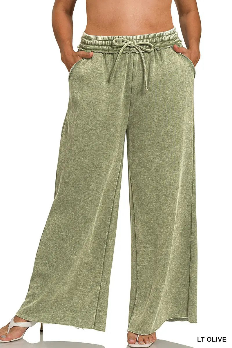Zenana Zenana Plus Acid Wash Fleece Palazzo Sweatpants with Pockets - Sweatpants Zenana Plus Acid Wash Fleece Palazzo Sweatpants with Pockets