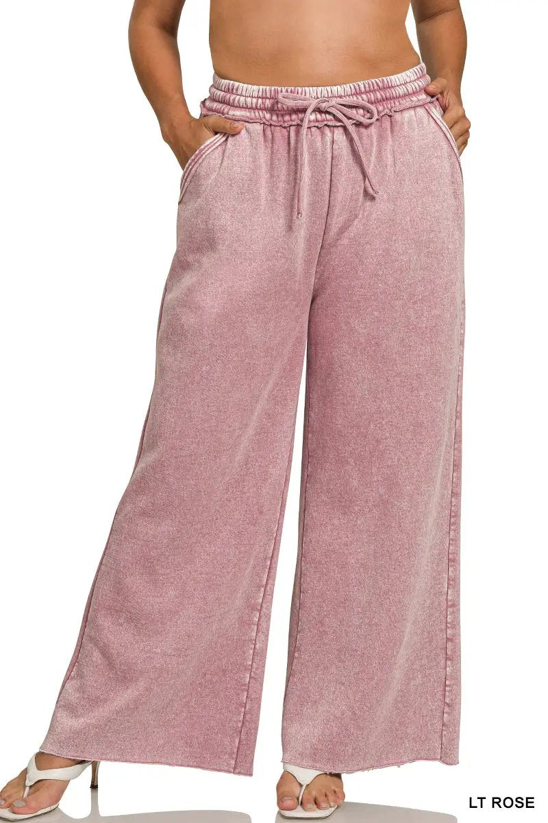 Zenana Zenana Plus Acid Wash Fleece Palazzo Sweatpants with Pockets - Sweatpants Zenana Plus Acid Wash Fleece Palazzo Sweatpants with Pockets