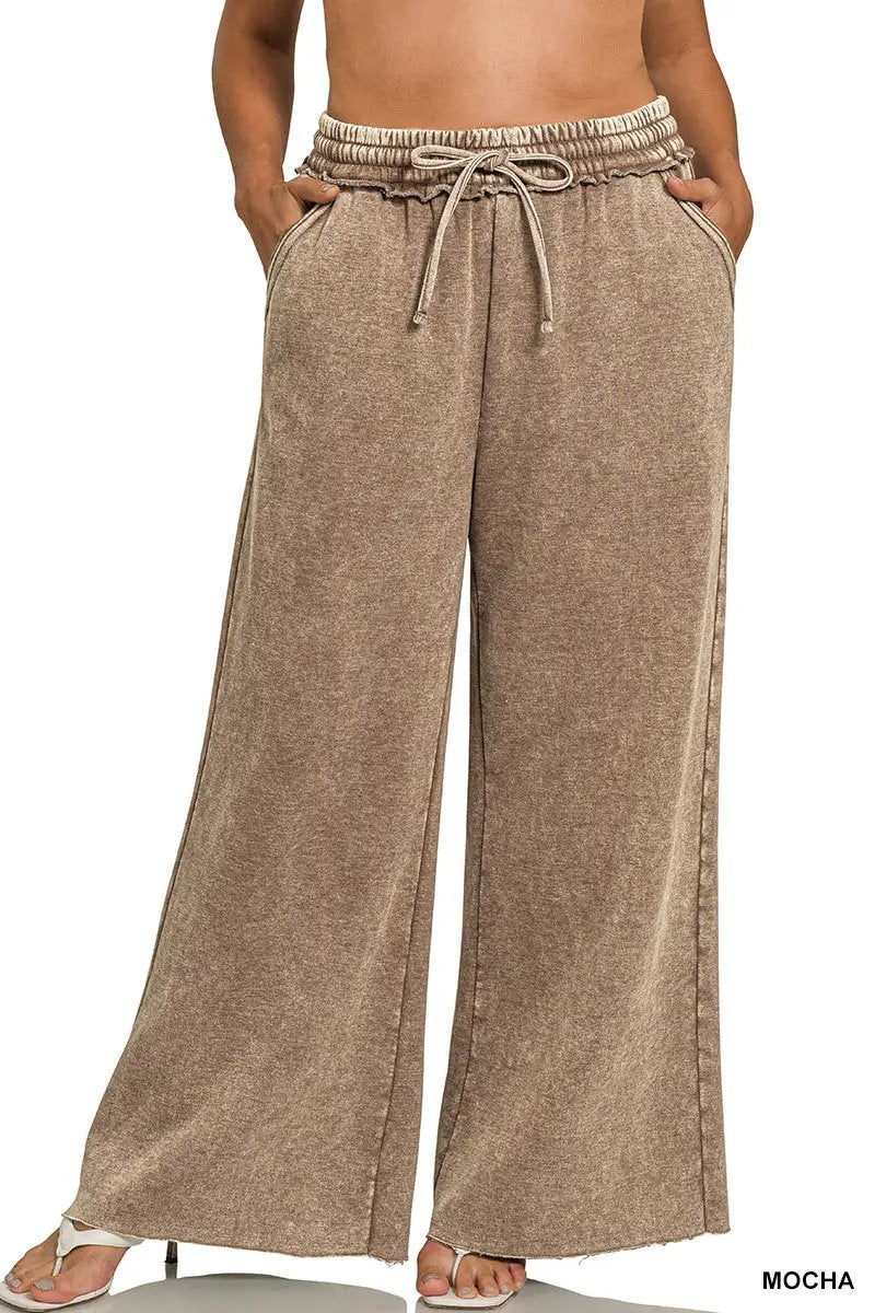 Zenana Zenana Plus Acid Wash Fleece Palazzo Sweatpants with Pockets - Sweatpants Zenana Plus Acid Wash Fleece Palazzo Sweatpants with Pockets