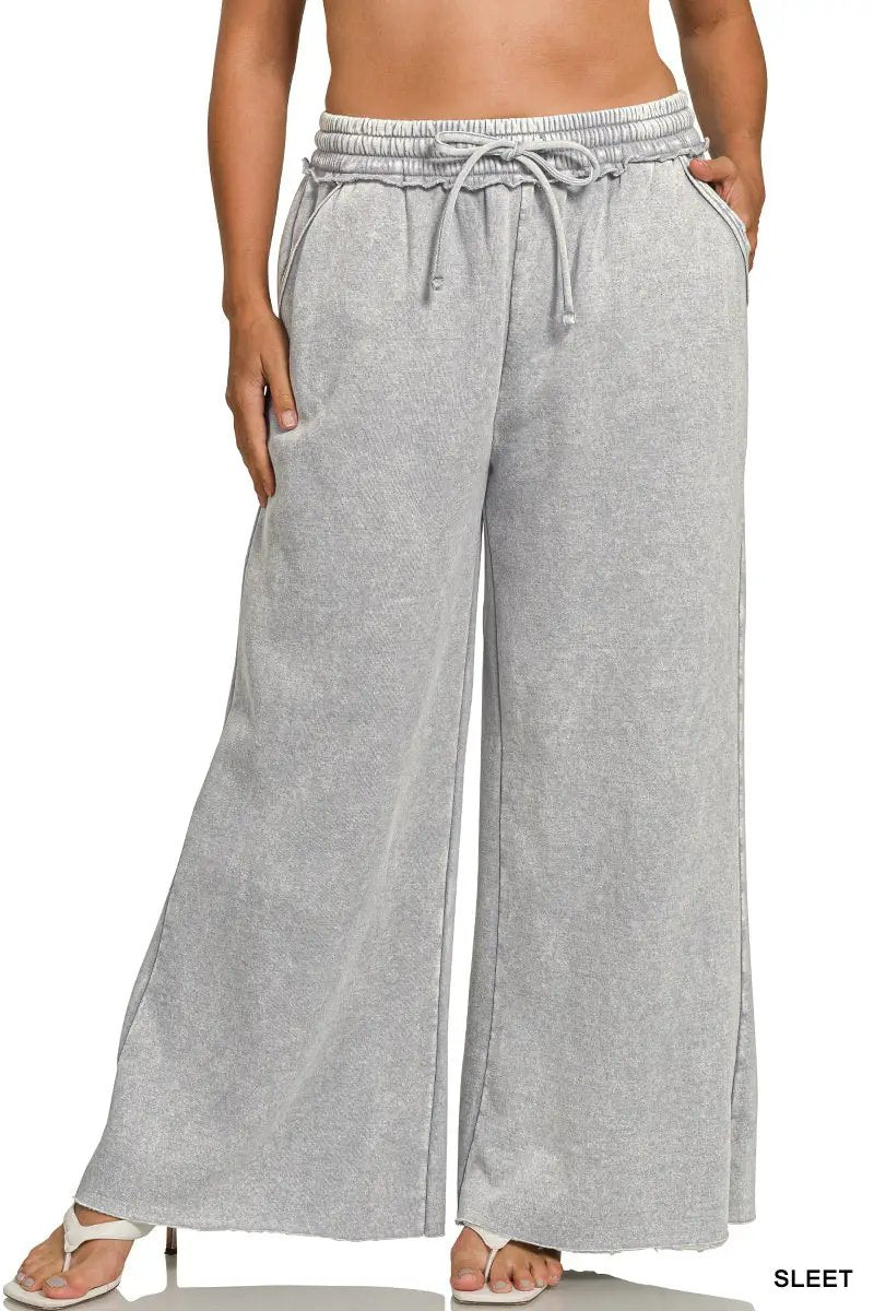 Zenana Zenana Plus Acid Wash Fleece Palazzo Sweatpants with Pockets - Sweatpants Zenana Plus Acid Wash Fleece Palazzo Sweatpants with Pockets