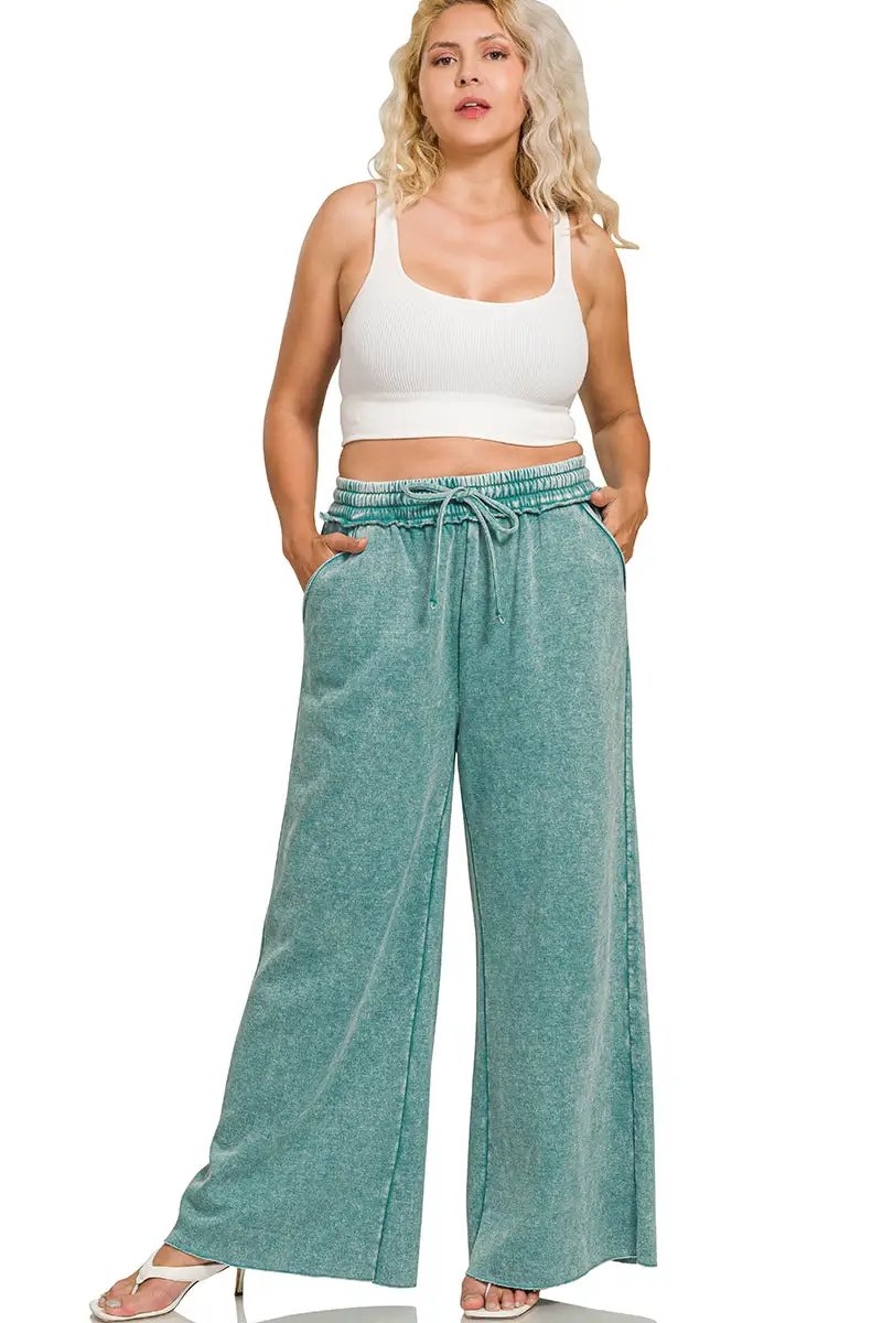 Zenana Zenana Plus Acid Wash Fleece Palazzo Sweatpants with Pockets - Sweatpants Zenana Plus Acid Wash Fleece Palazzo Sweatpants with Pockets