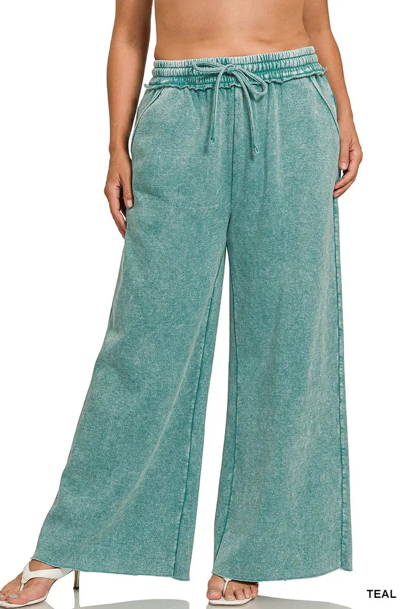 Zenana Zenana Plus Acid Wash Fleece Palazzo Sweatpants with Pockets - Sweatpants Zenana Plus Acid Wash Fleece Palazzo Sweatpants with Pockets
