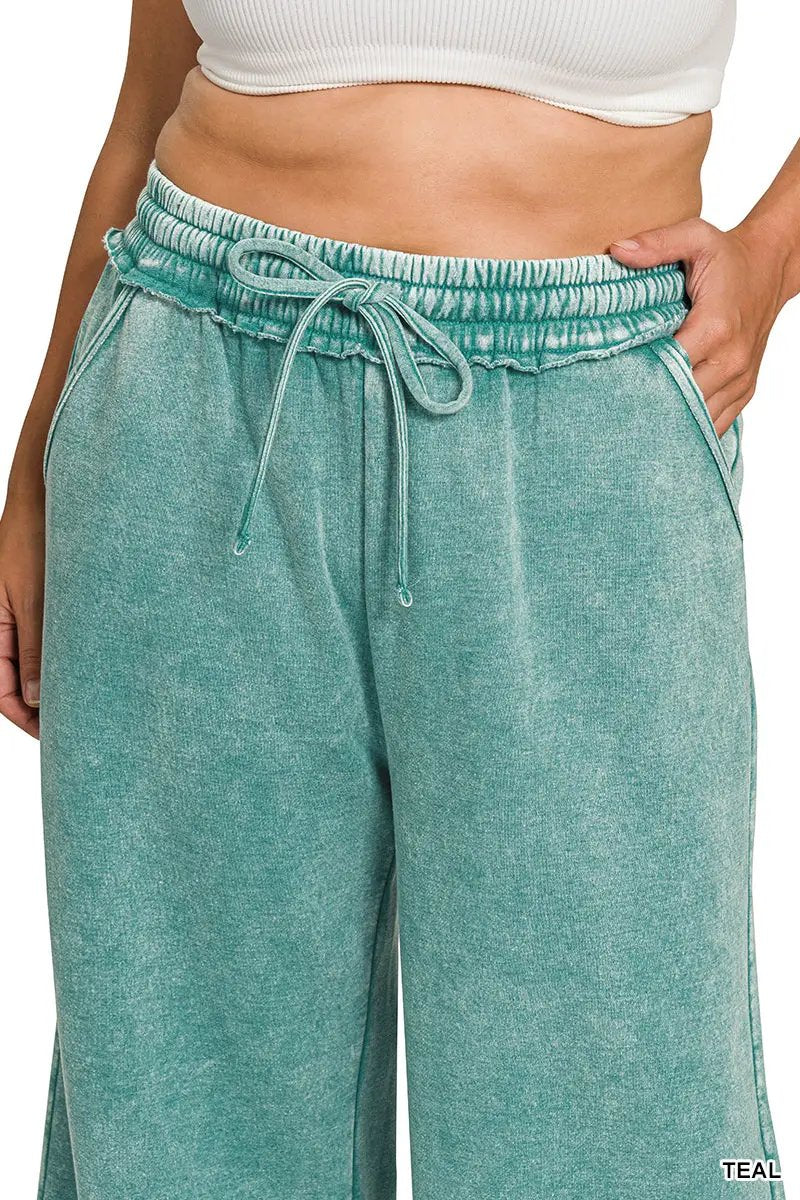 Zenana Zenana Plus Acid Wash Fleece Palazzo Sweatpants with Pockets - Sweatpants Zenana Plus Acid Wash Fleece Palazzo Sweatpants with Pockets