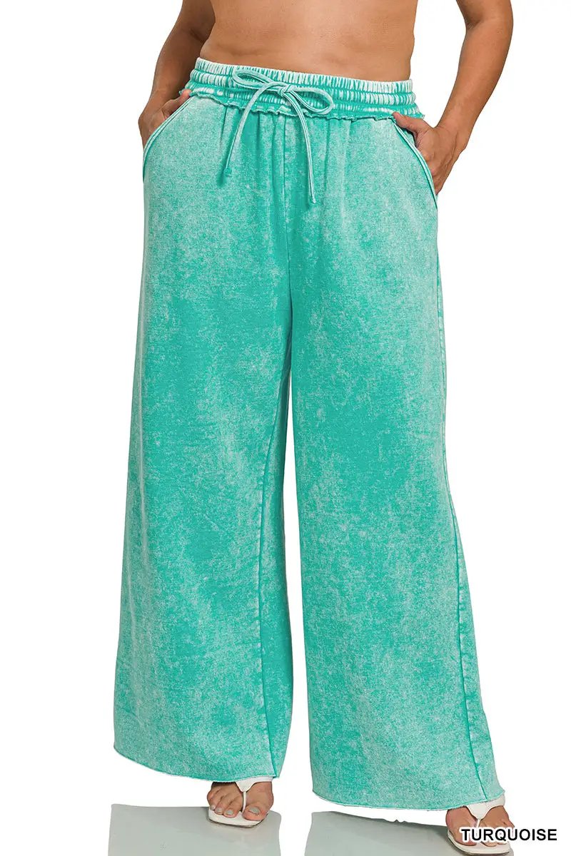 Zenana Zenana Plus Acid Wash Fleece Palazzo Sweatpants with Pockets - Sweatpants Zenana Plus Acid Wash Fleece Palazzo Sweatpants with Pockets