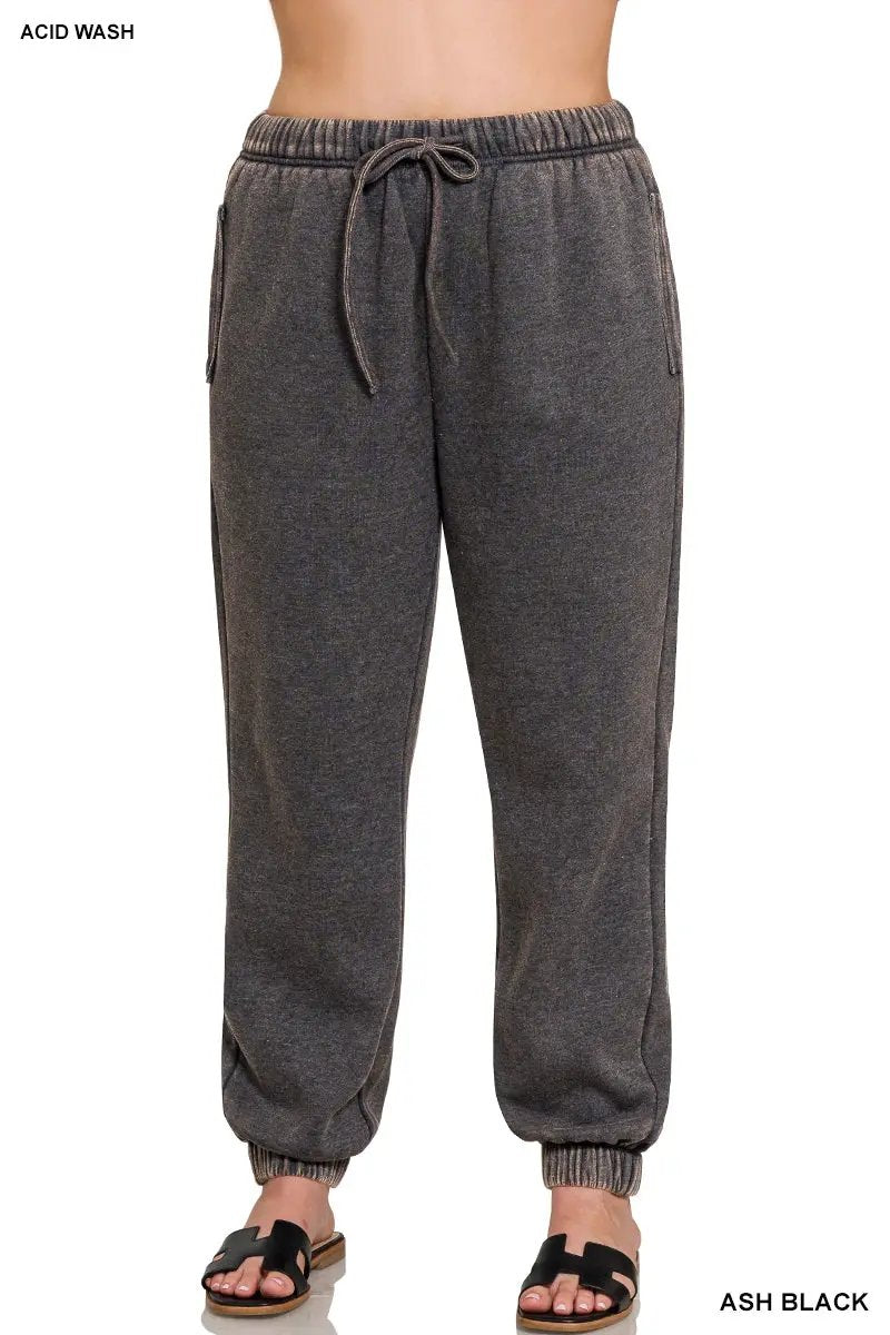 Zenana Zenana Plus Acid Wash Fleece Sweatpants with Pockets - Sweatpants Zenana Plus Acid Wash Fleece Sweatpants with Pockets