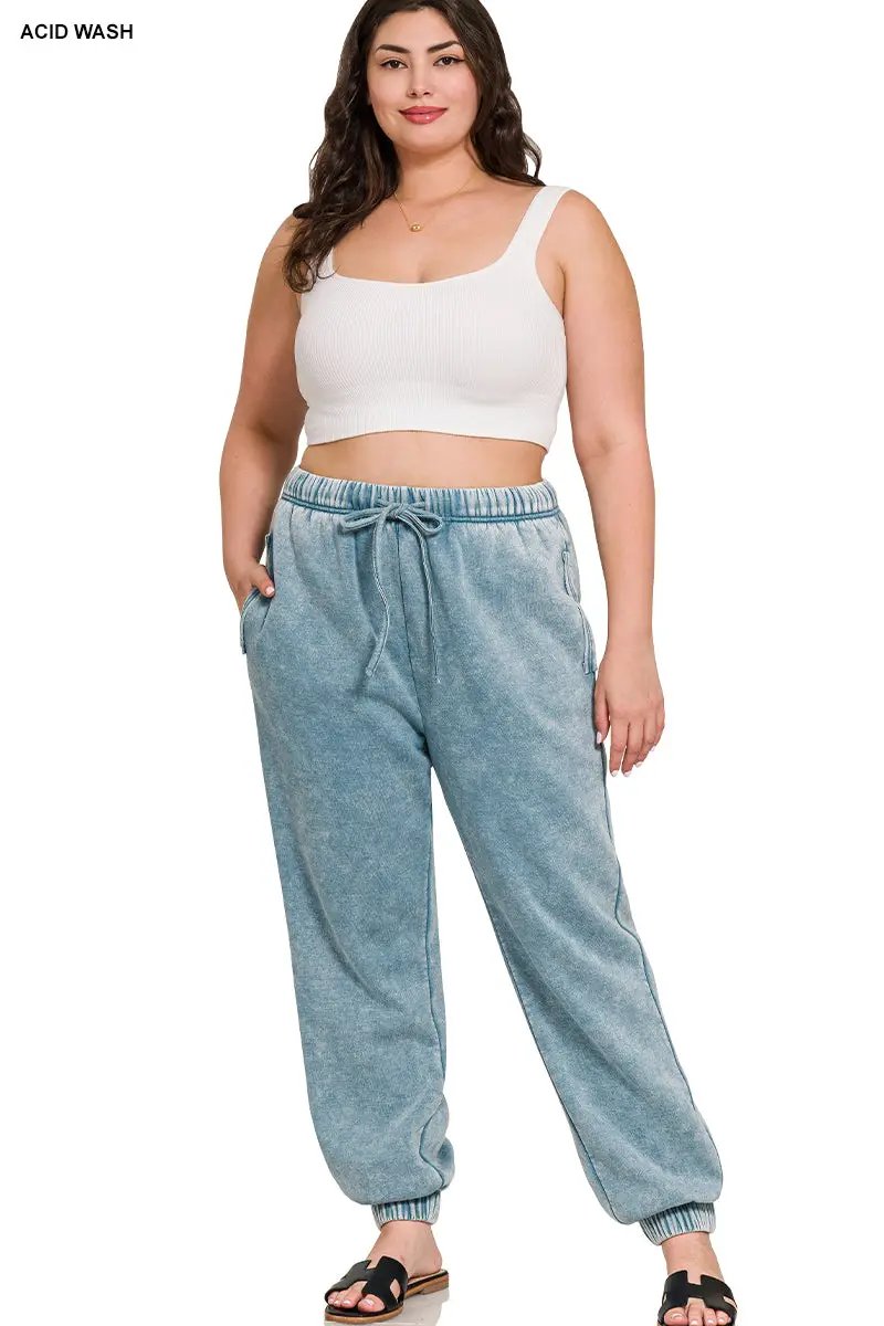 Zenana Zenana Plus Acid Wash Fleece Sweatpants with Pockets - Sweatpants Zenana Plus Acid Wash Fleece Sweatpants with Pockets