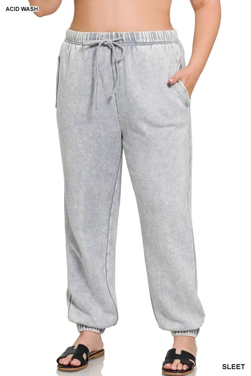 Zenana Zenana Plus Acid Wash Fleece Sweatpants with Pockets - Sweatpants Zenana Plus Acid Wash Fleece Sweatpants with Pockets