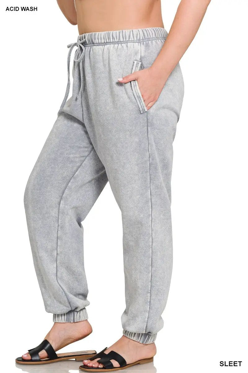Zenana Zenana Plus Acid Wash Fleece Sweatpants with Pockets - Sweatpants Zenana Plus Acid Wash Fleece Sweatpants with Pockets