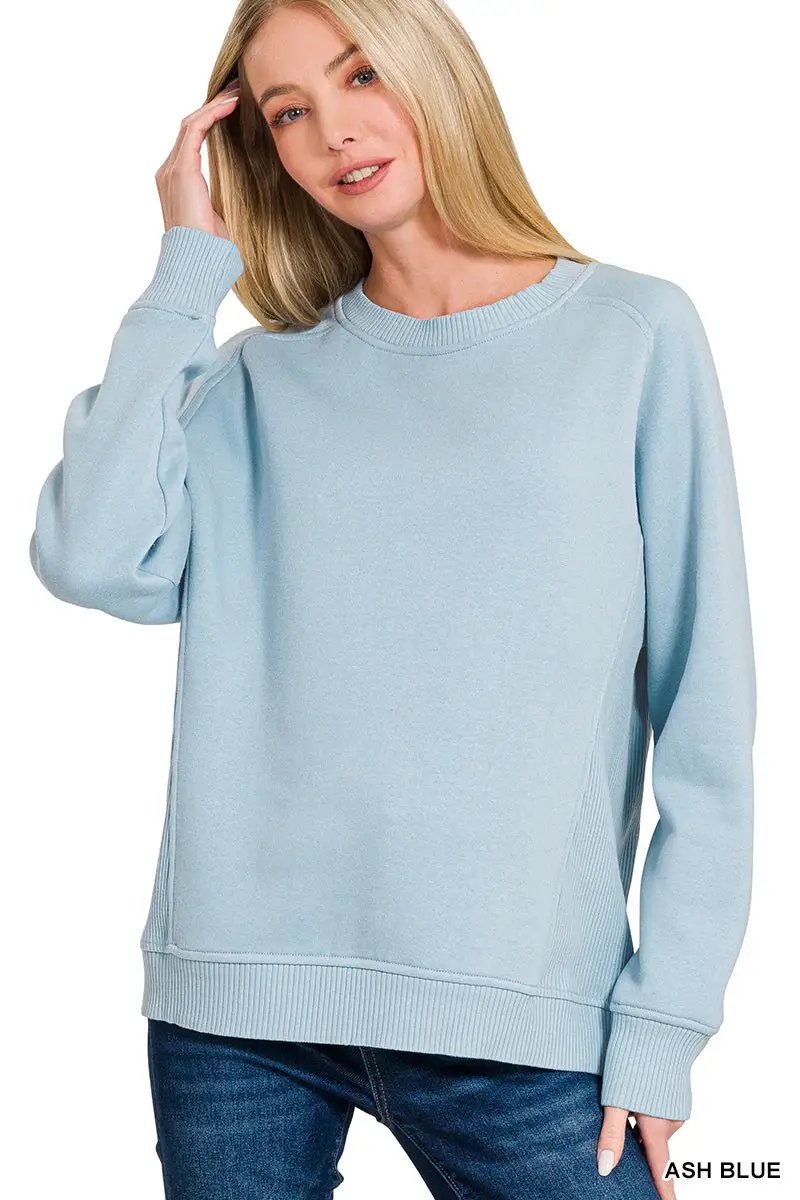 Zenana Zenana Fleece Round Neck Ribbed Side Raglan Sweatshirts - Sweatshirts