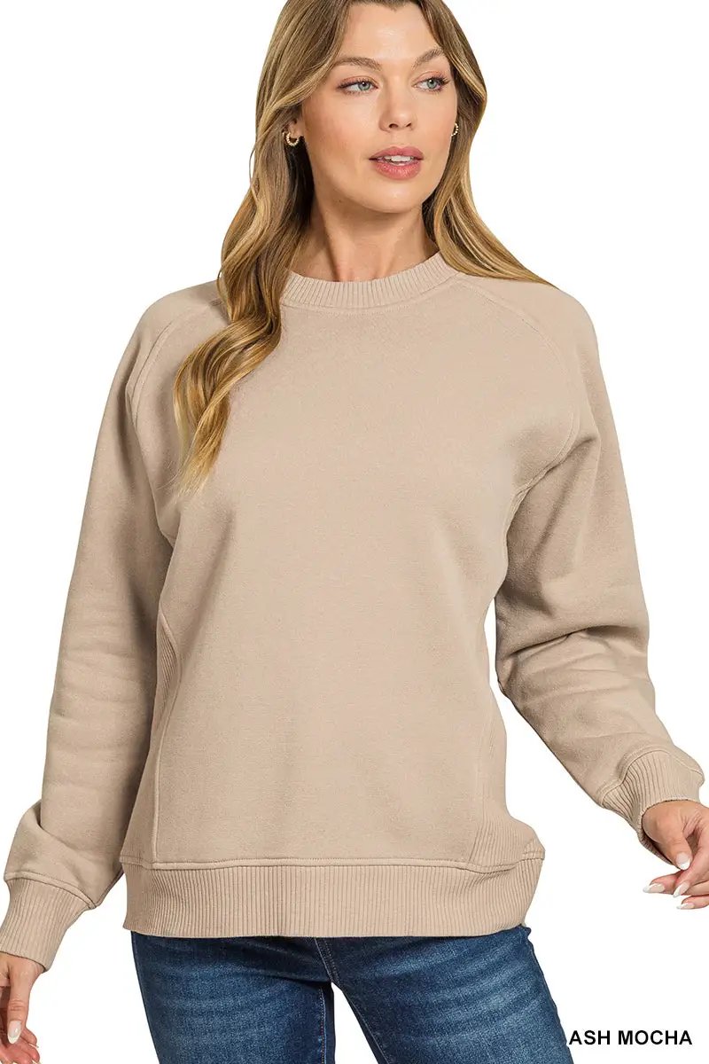 Zenana Zenana Fleece Round Neck Ribbed Side Raglan Sweatshirts - Sweatshirts