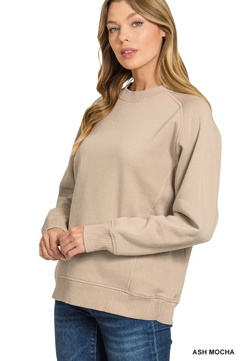 Zenana Zenana Fleece Round Neck Ribbed Side Raglan Sweatshirts - Sweatshirts