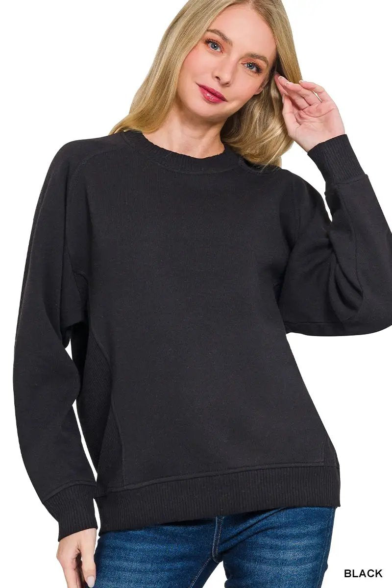 Zenana Zenana Fleece Round Neck Ribbed Side Raglan Sweatshirts - Sweatshirts