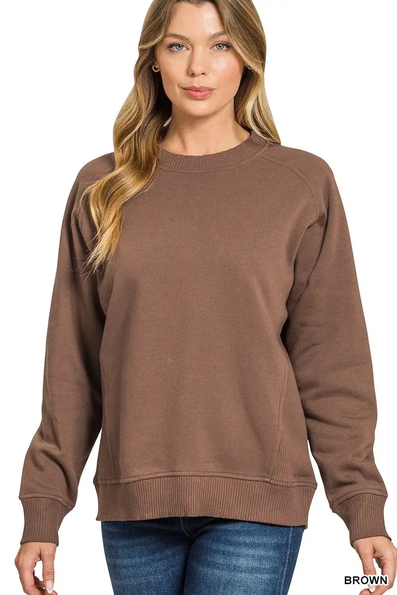 Zenana Zenana Fleece Round Neck Ribbed Side Raglan Sweatshirts - Sweatshirts