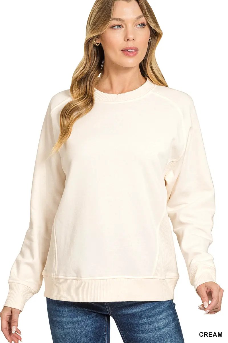 Zenana Zenana Fleece Round Neck Ribbed Side Raglan Sweatshirts - Sweatshirts