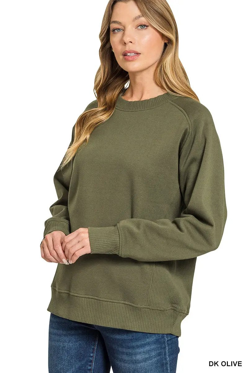Zenana Zenana Fleece Round Neck Ribbed Side Raglan Sweatshirts - Sweatshirts