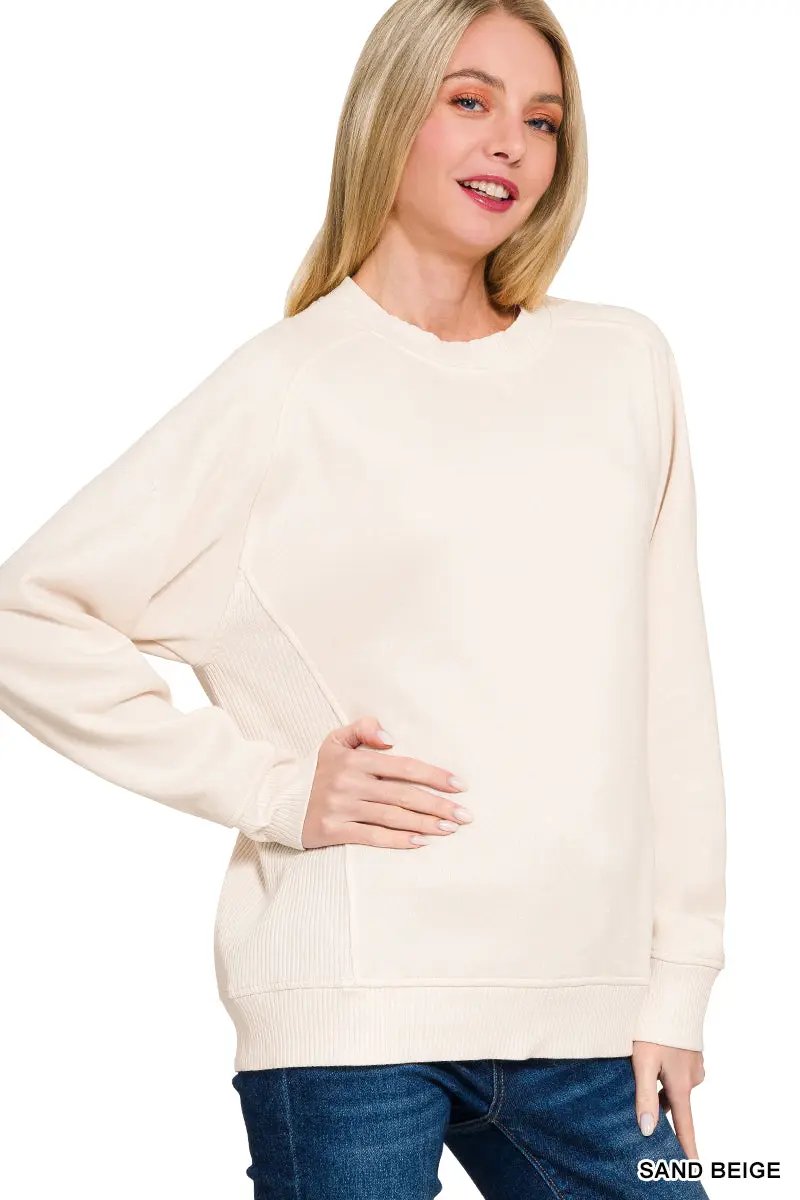 Zenana Zenana Fleece Round Neck Ribbed Side Raglan Sweatshirts - Sweatshirts