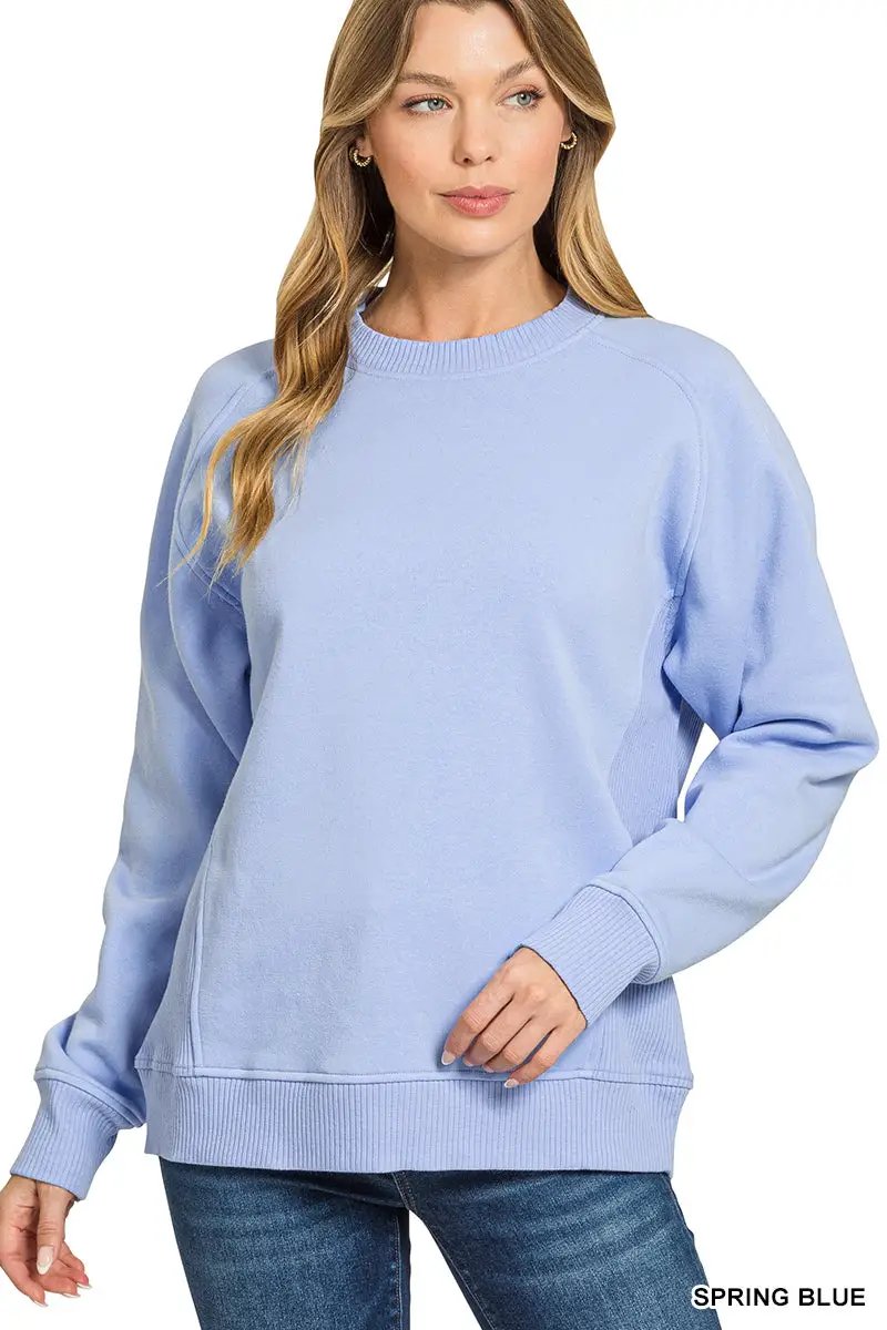 Zenana Zenana Fleece Round Neck Ribbed Side Raglan Sweatshirts - Sweatshirts