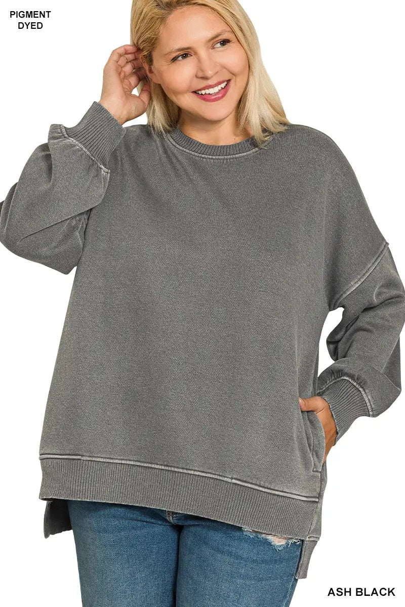 Zenana Zenana Plus Pigment Dye Fleece Hi-Low Hem Pullover with Pocket - Sweatshirts Zenana Plus Pigment Dye Fleece Hi-Low Hem Pullover with Pocket