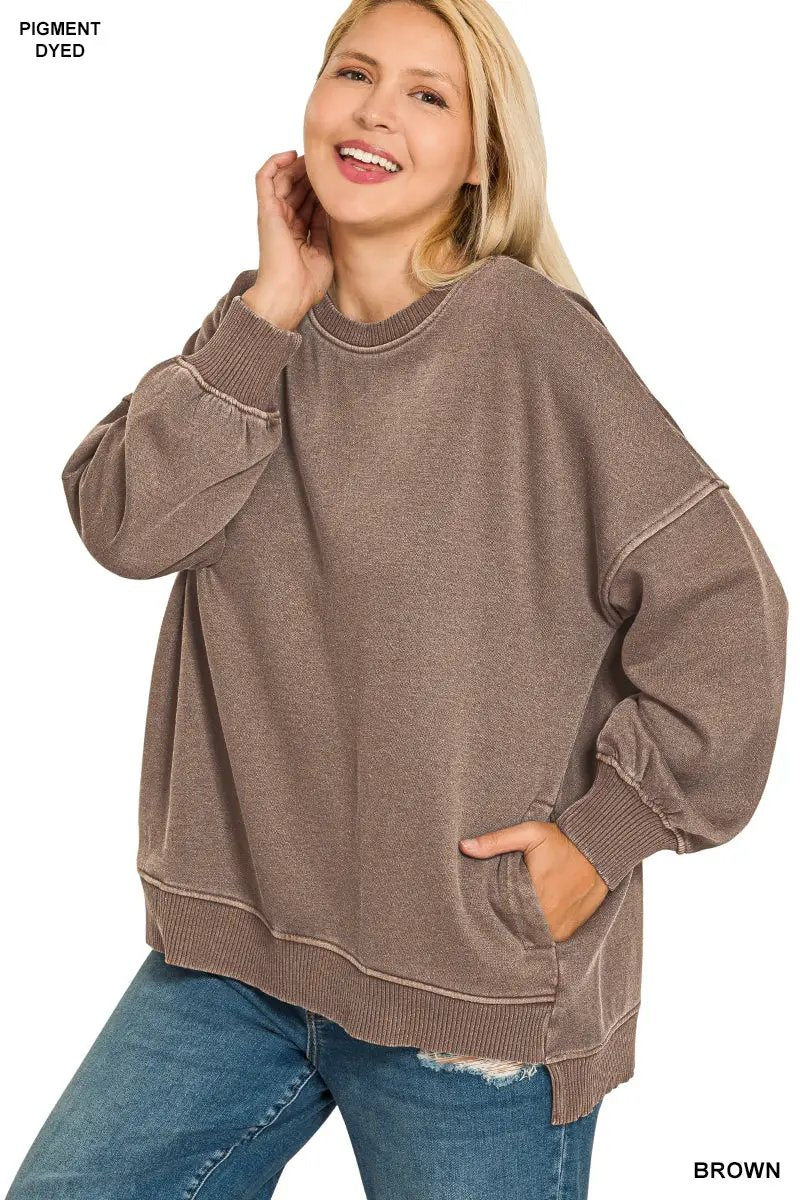 Zenana Zenana Plus Pigment Dye Fleece Hi-Low Hem Pullover with Pocket - Sweatshirts Zenana Plus Pigment Dye Fleece Hi-Low Hem Pullover with Pocket