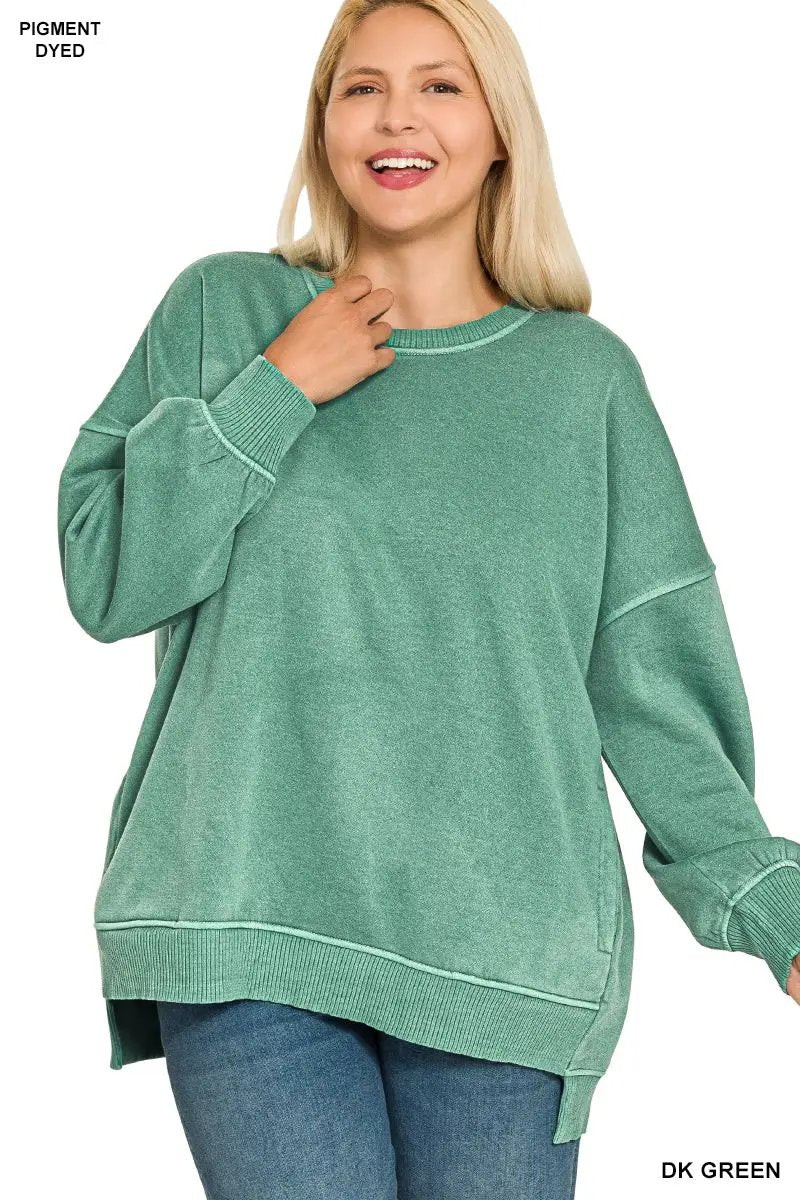 Zenana Zenana Plus Pigment Dye Fleece Hi-Low Hem Pullover with Pocket - Sweatshirts Zenana Plus Pigment Dye Fleece Hi-Low Hem Pullover with Pocket