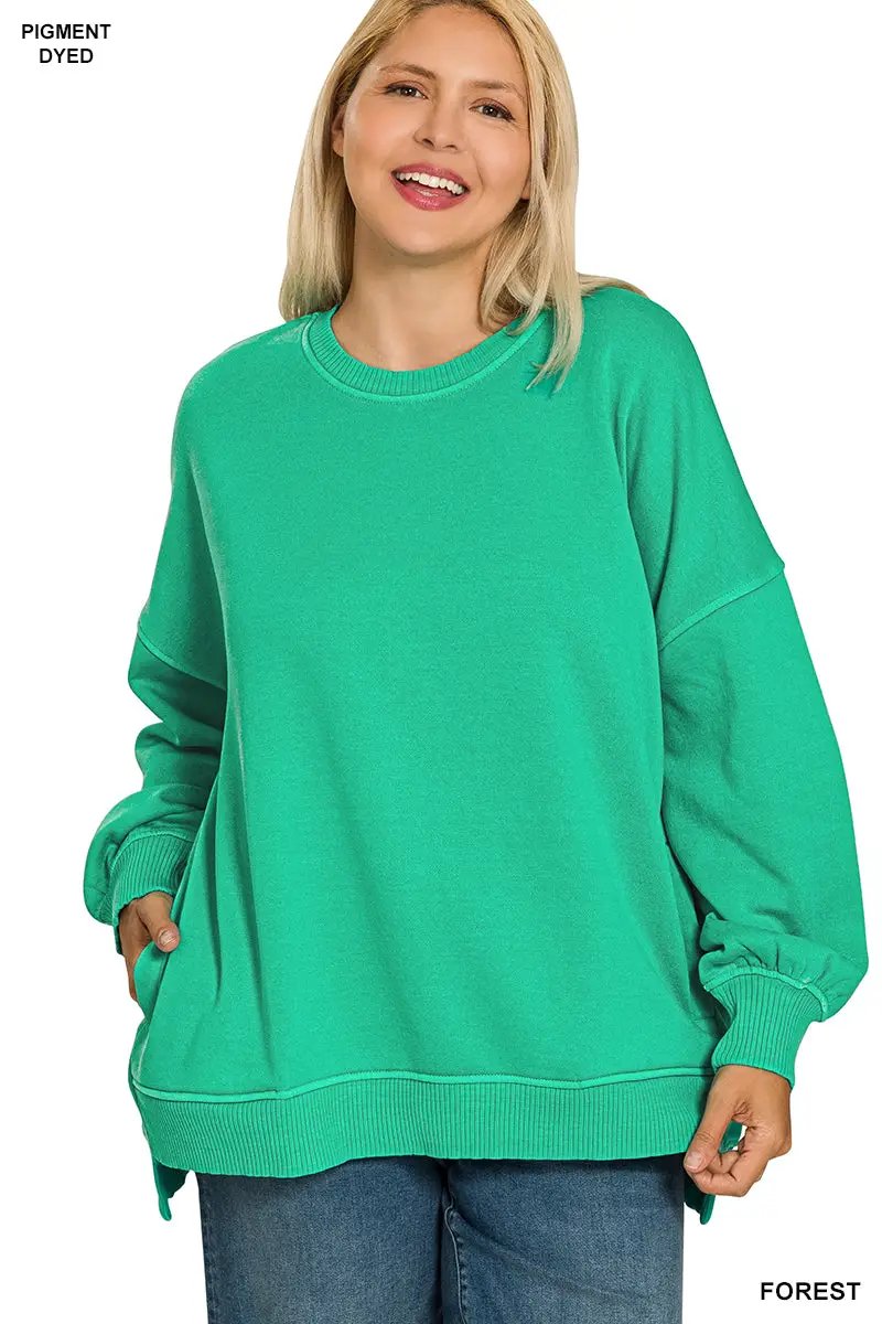 Zenana Zenana Plus Pigment Dye Fleece Hi-Low Hem Pullover with Pocket - Sweatshirts Zenana Plus Pigment Dye Fleece Hi-Low Hem Pullover with Pocket