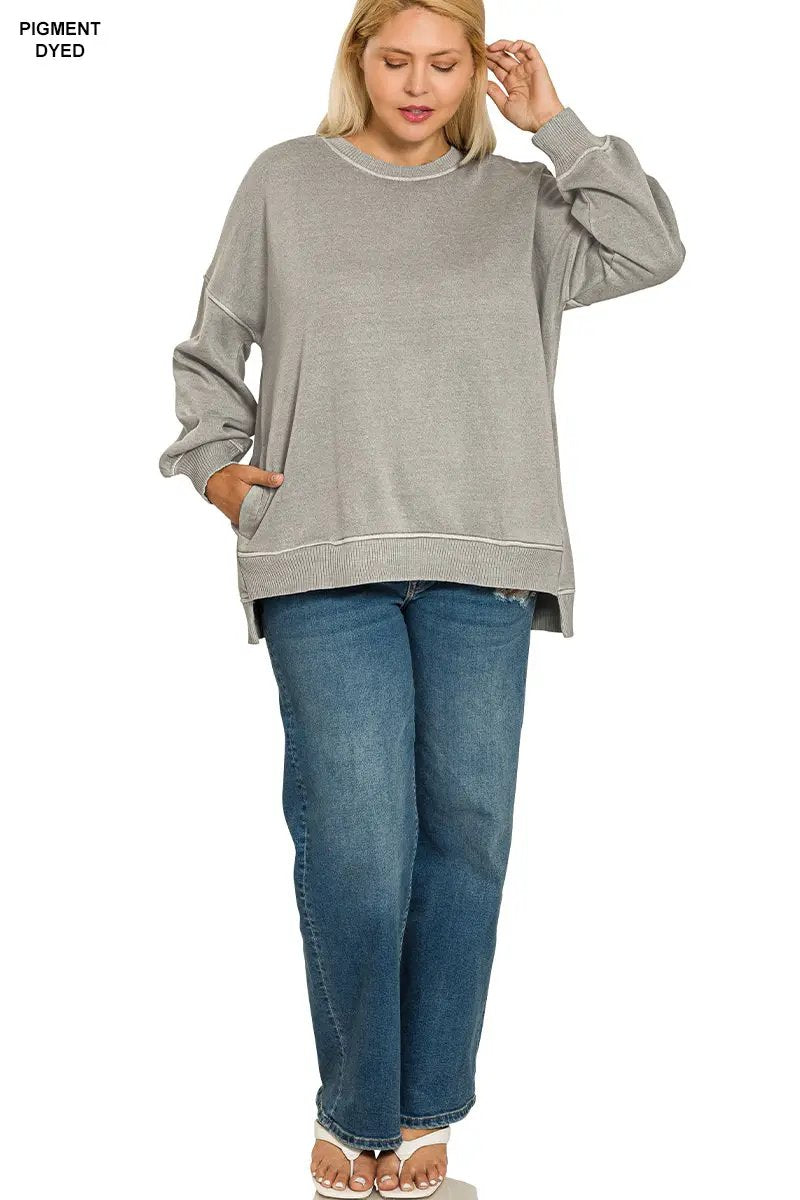 Zenana Zenana Plus Pigment Dye Fleece Hi-Low Hem Pullover with Pocket - Sweatshirts Zenana Plus Pigment Dye Fleece Hi-Low Hem Pullover with Pocket