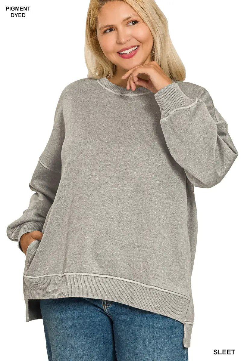 Zenana Zenana Plus Pigment Dye Fleece Hi-Low Hem Pullover with Pocket - Sweatshirts Zenana Plus Pigment Dye Fleece Hi-Low Hem Pullover with Pocket
