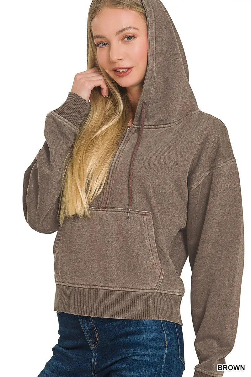 Zenana The Zenana Fleece Half Zip Kangaroo Pocket Hoodie - Hoodies