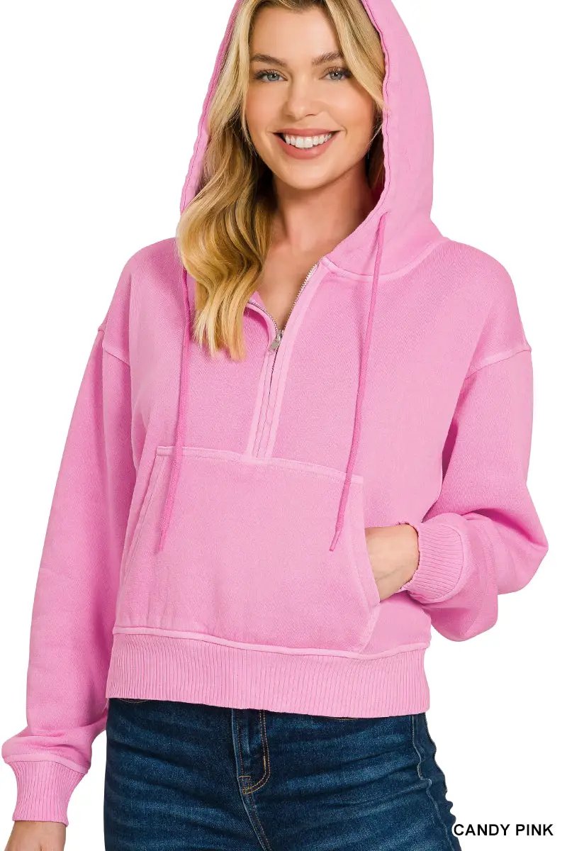 Zenana The Zenana Fleece Half Zip Kangaroo Pocket Hoodie - Hoodies