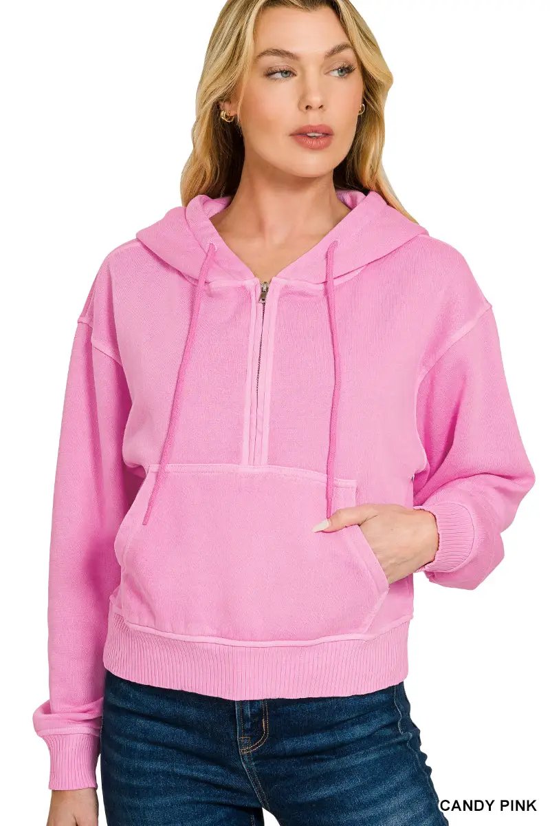 Zenana The Zenana Fleece Half Zip Kangaroo Pocket Hoodie - Hoodies